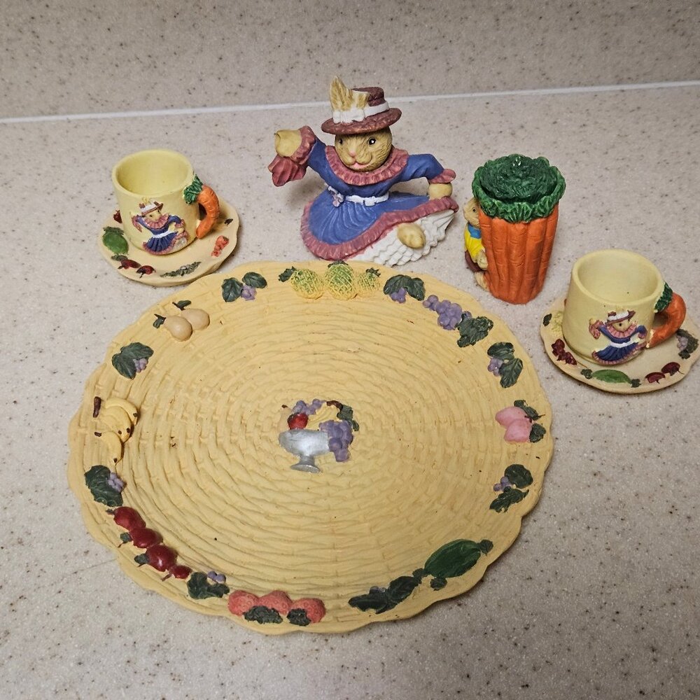 Vintage 90s Miniature Resin Tea Set - Veggie Bunny Easter